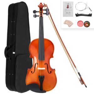 Full Size 4/4 Acoustic Violin Case Bow Rosin Strings Tuner Shoulder Rest Natural